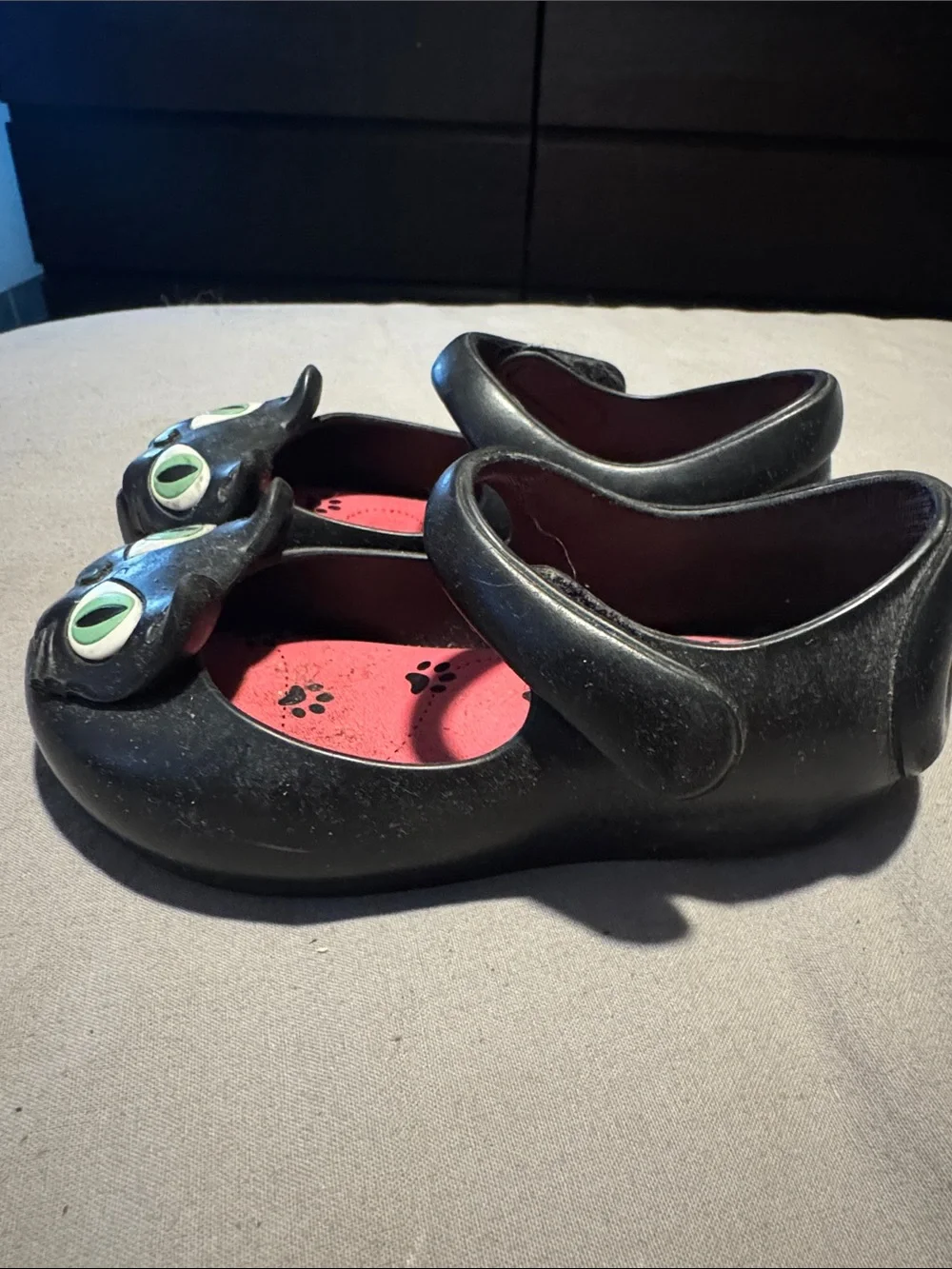Mini Melissa Black Cat Mary Jane Shoes with Green Eyes and Pink Insole